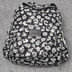 Victorias Secret PINK Backpack Shiny Black Silver Sequin Leopard Animal Print